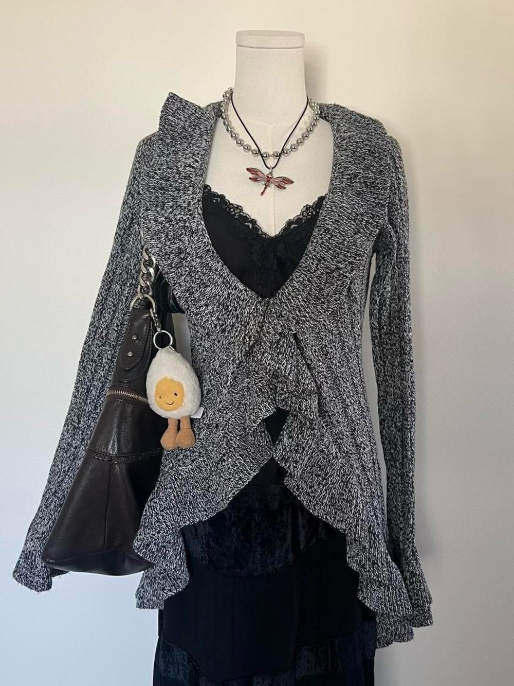 Gray Marled V-Neck Ruffle Cardigan sweater